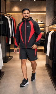 REXFIT SPORTS 2026 Custom <b>Men</b>’s Black Red Nylon Hooded <b>Jacket</b> and Shorts Set Full Zip Streetwear Sportswear Outfit - Product Image 2