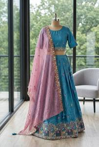 Lehenga de seda con bordado intrincado y detalles de elefantes y pavo real con hilo dorado, completamente cosido, listo para usar. - Product Image 6