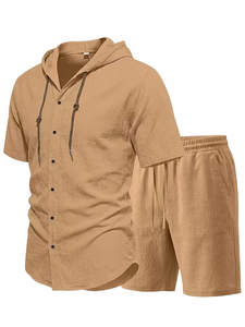 Men Solid Color Breathable Knitted Hooded Short Sleeve Shirt Set with Button-Up Top Elastic Waist Shorts Casual Summer Outfit - Product Image 3