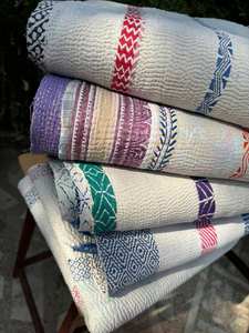 Colcha Kantha Blanca Vintage – Manta de Algodón Cosida a Mano – Cubrecama Boho – Manta Kantha Reversible – Decoración Rústica Minimalista para el Hogar - Product Image 4