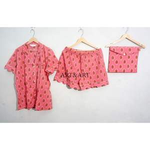 Conjunto de Pijama de Verano 100% Algodón Puro, Elegante y Clásico, con Estampado, Cierre con Cordón, Pantalones Cortos Tipo Canguro, Bolsillos, Suave - Product Image 1