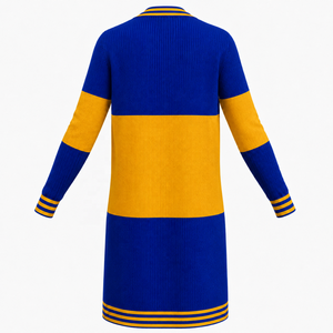 Cárdigan de diseño personalizado SG RHO para mujer, color azul y dorado, con bloques de color, cuello en V, manga larga, bordado, informal, de punto, tipo suéter largo. - Product Image 2