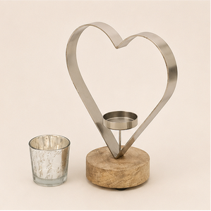 Modern Rustic Heart-Shaped Metal <b>Tea</b> Light Candle Holder With Solid Mango Wood Base Elegant Silver Heart Sculpture Tabletop - Product Image 1