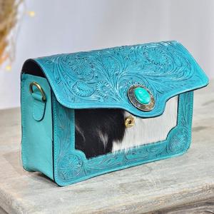 Handmade Genuine Leather Women's Crossbody <b>Bag</b> Turquoise Floral Embossed Bohemian Style Button Closure Single <b>Strap</b> - Product Image 2