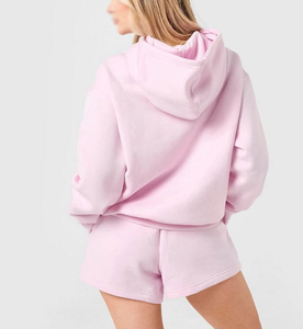 Women <b>Pink</b> Hooded <b>Tracksuit</b> <b>Set</b> Full Sleeve Zipper Shorts Solid Color Casual Loose Fit Spring Wear 100% Cotton - Product Image 6