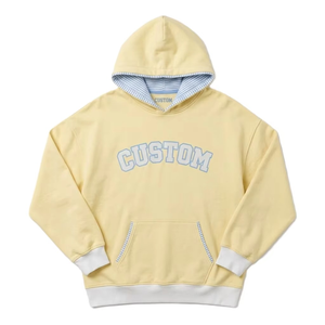 Low MOQ Color Block Varsity Loose Fit Custom Women's Hoodies Wholesale Pastel Yellow High GSM Cotton blend Embroidered Clothing - Product Image 3