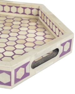 Plateau de service rectangulaire décoratif en bois, fait main, de luxe, avec incrustations en os violettes, pour petit-déjeuner, thé, café, ottoman, ou plateau de vanité, motif géométrique - Product Image 2
