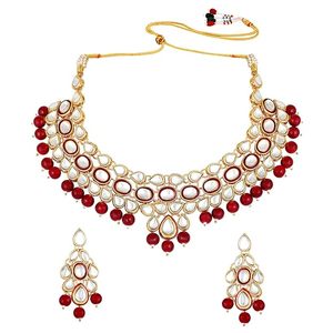 Gold Plated Ethnic <b>Necklace</b> Earring <b>Set</b> With Red Stones And <b>Pearls</b> For Women Wedding Jewelry - Product Image 2