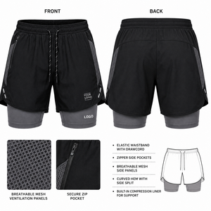 Breathable Double <b>Layer</b> Shorts for Men Reflective Trim and Drawstring Waistband Ideal for Night Running and Training Sessions - Product Image 4
