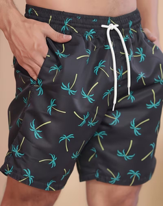 Men's Tropical Palm Print Eco-Friendly Breathable <b>Lace</b> Mid Waist Quick Dry Satin Shorts <b>Elastic</b> Waist Casual Summer Wear - Product Image 4