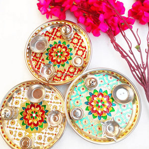 Ensemble de plateaux Thali en gros avec travail Meenakari, article de Pooja, pour temple domestique, Aarti Thali, cadeau de retour indien, plateau de mariage, cadeau de pendaison de crémaillère - Product Image 2