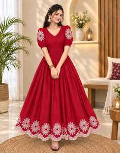 Purple Floral Embroidered Work Indian Pakistani <b>Top</b> <b>Long</b> <b>Tunic</b> Dress V Neck Puff <b>Sleeve</b> Regular Fit Floor-Length All Seasons - Product Image 5