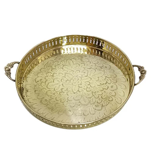 Luxury Round Gold Plated Decorative Serving <b>Tray</b> With Ornate Filigree Design Large Metal Mirrored Vanity <b>Tray</b> For <b>Perfume</b> <b>Tray</b> - Product Image 5