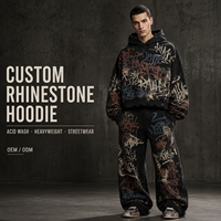 Sweat à capuche personnalisé avec strass, effet délavé, pour homme, coupe ample, style vintage streetwear, fabricant de marques privées