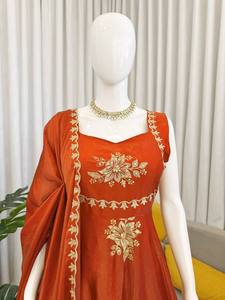 ชุดเดรส Anarkali Kurti สีส้มปักลาย พร้อมผ้าคลุมไหล่ ผ้าโมดอล สำหรับผู้หญิง ชุด Salwar Kameez สำหรับงานแต่งงานและงานปาร์ตี้ - Product Image 2