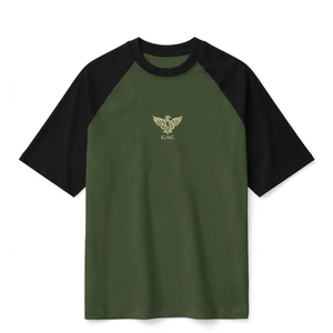 Camiseta Raglán para Hombre, Manga Corta, Cuello Redondo, Color en Contraste, Tejido Ecológico, Estilo Urbano, 100% Algodón, Verde Oliva, Negro, Dos Piezas, 220g - Product Image 3