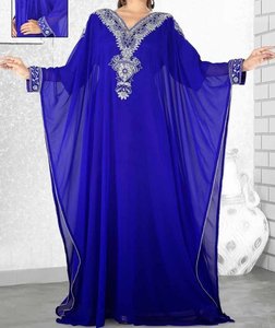 Abaya Azul Bordada de Cuello Alto, Larga hasta el Suelo, Talla Grande, Manga Larga, para Mujer, Estilo Modesto de Oriente Medio, de Poliéster, para la Noche - Product Image 3