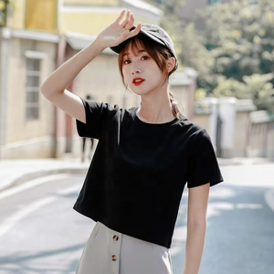 Camiseta de Verano con Logotipo Personalizado, Estilo Coreano, Corta, Informal, de Moda, de Color Sólido, de Manga Corta y Cuello Redondo para Mujer - Product Image 1