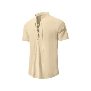 Chemise décontractée pour homme à manches courtes, col mandarin, avec laçage sur le devant et ceinture à la taille, en tissu popeline respirant - Product Image 4