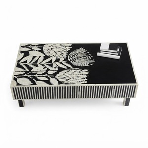 Mesa de Centro Rectangular de Lujo Hecha a Mano con Incrustaciones de Hueso con Estampado de Cebra, Mesa de Centro Monocromática con Patas de Latón para Decoración de Sala de Estar - Product Image 2