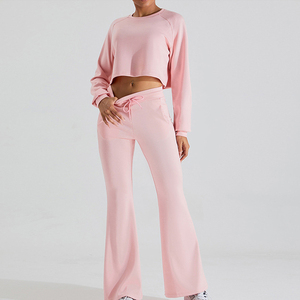 Brown Two Piece Sweatshirt Set for Women <b>Crop</b> Top Pullover and Flare Leg Pants Casual Soft Lounge Outfit for Daily Wear - Product Image 3