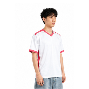 เสื้อฟุตบอลอเมริกันแบบกำหนดเอง สีขาว คอวี แขนสั้น แต่งขอบสีชมพู ผ้าโพลีเอสเตอร์ซับเหงื่อ สำหรับผู้ใหญ่ทุกเพศ - Product Image 3