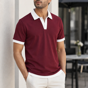 <b>Men's</b> Solid Color Knitted <b>Polo</b> <b>Shirt</b> Short Sleeve Regular Fit Casual <b>White</b> Trim Maroon - Product Image 2