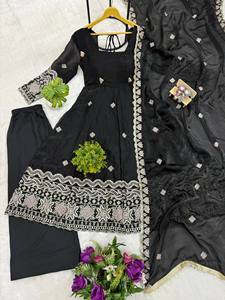 <b>Black</b> Cotton Women's Traditional <b>Floor</b>-<b>Length</b> Ethnic <b>Dress</b> With Embroidery Loose Fit For Wedding India Pakistan Style - Product Image 6