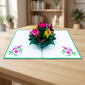 Tarjeta Pop-up de Flores de Rosa Coloridas, Hecha a Mano, Floral 3D, Vietnam Hanói, Venta al por Mayor, Artesanía de Papel, Impresión Offset, de Primera Calidad - Product Image 6