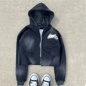 Sudadera con capucha para hombre OEM Streetwear Vintage con efecto desgastado por el sol, bordado de apliques personalizado, estampado de pedrería, corte holgado, estilo cropped y oversize, con cremallera - Product Image 1