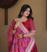 Lehenga Choli de Algodón para Mujer con Dupatta Estampada y Trabajo de Espejo, Patta de Lona con Gran Volumen, Largo hasta el Suelo, de Secado Rápido, para Bodas y Fiestas Indias