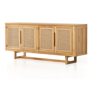 Modern Mid Century Solid Teak Wood <b>Sideboard</b> Cabinet Handmade Natural Rattan Doors Dining Room Credenza <b>Storage</b> Table - Product Image 1