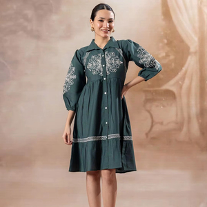 Dress Shirt Collar <b>Three</b>-quarter Puff Sleeve Embroidered Detail Midi Length Ruffle Hem Georgette Fabric Eco-Friendly Formal - Product Image 1