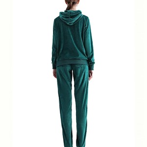 <b>Women's</b> Green Velvet <b>Tracksuit</b> Hooded Full Sleeve Solid Color Casual Autumn Wear with Side Pockets Zipper Closure - Product Image 4