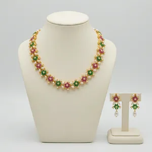 Indian Bridal Gold Plated Ruby <b>Pearl</b> Necklace <b>Set</b> Wholesale Luxury Wedding Alloy <b>Jewelry</b> <b>Pearl</b> Necklace Earrings for Women - Product Image 4