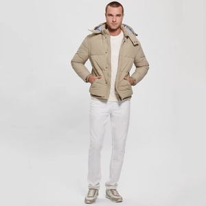 Chaqueta Acolchada con Capucha para Hombre, Color Beige, Cierre de Cremallera, Resistente al Viento, Abrigo Casual de Invierno, Corte Regular, Color Sólido, Relleno de Poliéster - Product Image 1