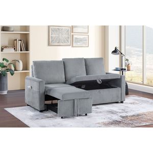 Divano Letto Oswin 70"W in Velluto a Coste Grigio con Chaise Longue Estraibile e Tasca Laterale Sottosedile - Product Image 1