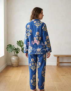 Conjunto de Pijama de Manga Larga para Mujer, Diseño Floral en Algodón Azul, Hecho a Mano, Transpirable, para Primavera, Verano y Otoño - Product Image 2