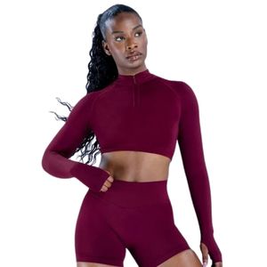 Conjunto de Top Corto y Pantalones Cortos de Manga Larga Color Vino Tinto Borgoña para Mujer, Ropa Deportiva de Yoga, Dos Piezas, Ajuste Delgado, Ropa Deportiva para Gimnasio, OEM Global - Product Image 5