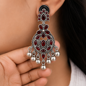 Direct Factory Antique Silver-Plated Trendy Chandelier Earring Pear Cut Red Crystal Bezel Setting Women <b>Wedding</b> Bulk Wholesaler - Product Image 2