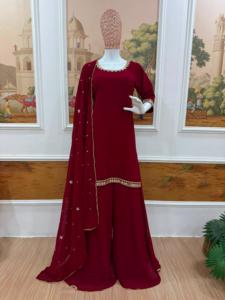 Conjunto de diseñador con top de georgette sintético con detalles de espejo y pantalones palazzo de georgette sintético y dupatta, completamente cosido y listo para usar. - Product Image 6
