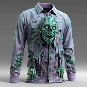 Camiseta de Halloween para Hombre, Estilo Horror, Sublimada, con Botones, Manga Larga, Gótica, Verde, Poliéster, Corte Regular, Personalizada, Digital - Product Image 5