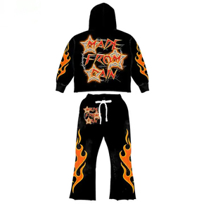 Conjunto de chándal personalizado con estampado de calavera y llamas para hombre, con capucha, manga larga, estilo urbano, conjunto de dos piezas a juego, pantalones acampanados - Product Image 3