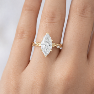 Anillo de Boda con Diamante de Laboratorio Corte Marquesa, Oro Sólido de 14K, Banda Trenzada con Diseño de Hojas, Anillo Minimalista de Moda - Product Image 4