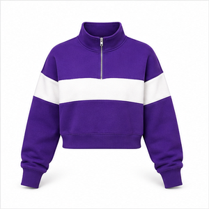 Sudadera Corta Clásica para Mujer, Color Morado Real, Personalizable, con Cierre de Media Cremallera, Dobladillo de Canalé Suave, Mezcla de Algodón WHZCROP-0007 - Product Image 1