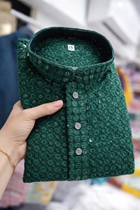 Kurta Blanca de Algodón para Hombre, Manga Larga, Cuello Alto, Bordado Floral, Atuendo Modesto para Oración, Estilo de Oriente Medio, Corte Regular - Product Image 3