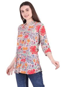 SAZU Stylish Floral Print Women’s <b>Kurti</b> with Vibrant Multicolor Design Comfortable Cotton Fabric Button Front Mandarin Collar - Product Image 3
