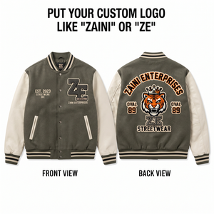 420 GSM Mens Wool Blend Varsity <b>Jacket</b> Olive Body Cream Faux <b>Leather</b> Sleeve Panels Custom Chenille Embroidery Logo - Product Image 1