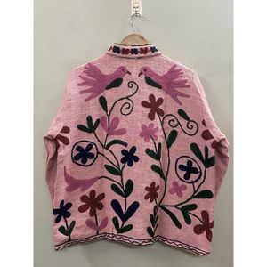 Floral Embroidered Knitted Cotton Autumn Winter <b>Jacket</b> Women Mandarin Collar Full Sleeve Open Front Handmade Design - Product Image 2