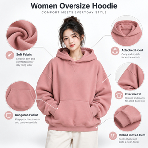 เสื้อฮู้ดดี้โอเวอร์ไซส์สำหรับผู้หญิงรุ่นใหม่ล่าสุด เนื้อผ้านุ่ม สวมใส่สบาย ดีไซน์เรียบง่าย เหมาะสำหรับใส่ลำลองและสตรีทแวร์ทุกวัน - Product Image 6